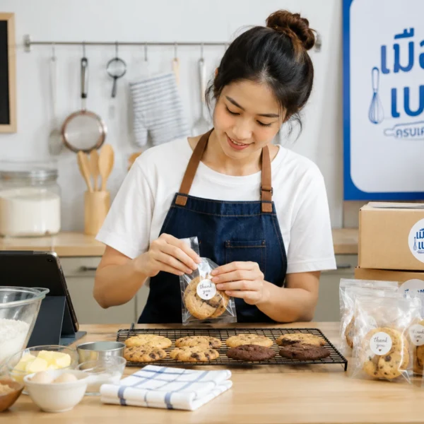 เจ้าของธุรกิจ Home Baker กำลังเตรียมขนมอบภายในครัวสำหรับจำหน่าย