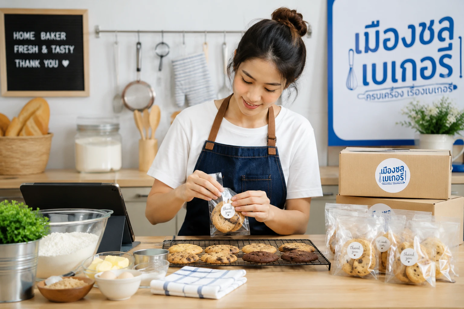 เจ้าของธุรกิจ Home Baker กำลังเตรียมขนมอบภายในครัวสำหรับจำหน่าย